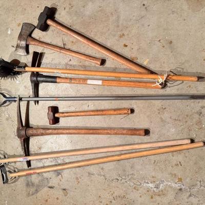 Lot of Heavy-Duty Garden & Hand Tools – Pickaxe, Rakes, Hoes,& More	