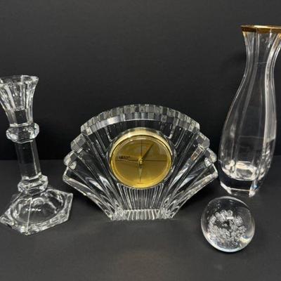 Crystal & Glass Decor Lot: Vintage Mikasa Clock, Swedish Paperweight +	