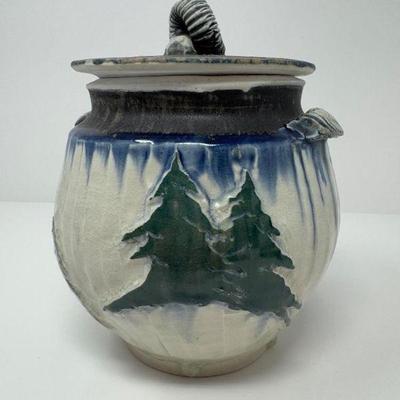 NW Inspired Lidded Pottery Jar w/ Pine Tree Design	