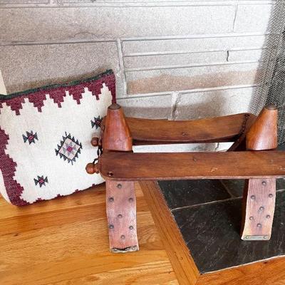 Vintage Wooden Camel Saddle Stool w/ Handwoven Pillow	