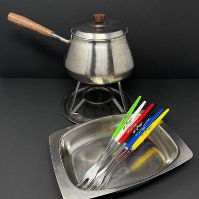 Vintage MCM Stainless Fondue Set – Colorful Forks & Serving Dish	