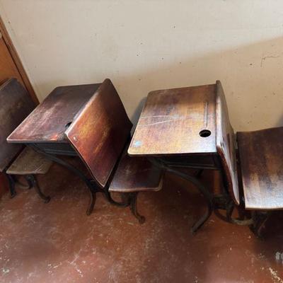 Set of 3 Antique Cast Iron & Wood School Desks- North Bend School	