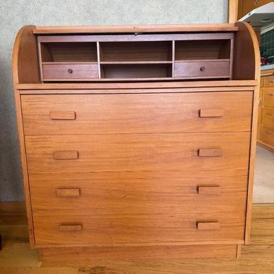 Danish Modern Teak Veneer Roll-Top Writing Desk	