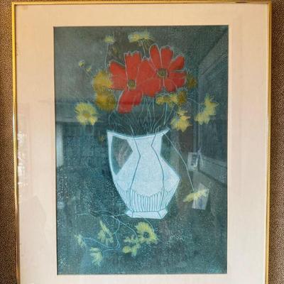 Framed Still Life Print of Flowers in a Vase – Signed ‘Mort’	