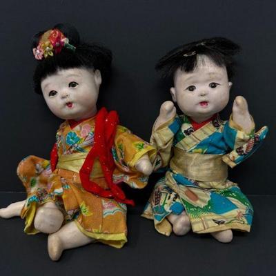 Pair of Antique Japanese Bisque Dolls in Kimonos	