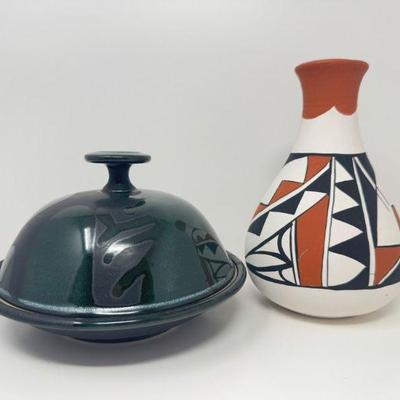 Isleta Pueblo Pottery Vase by Eliz Olguin & Green Glazed Covered Dish	