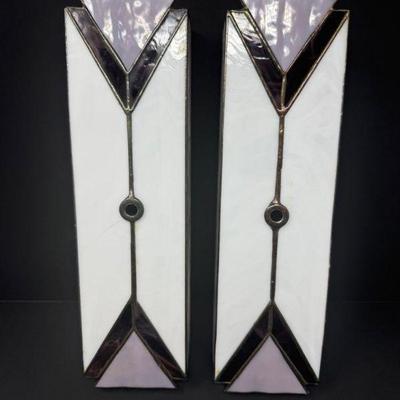 Pair of Vintage Art Deco Stained Slag Glass Wall Sconces – Geometric Design