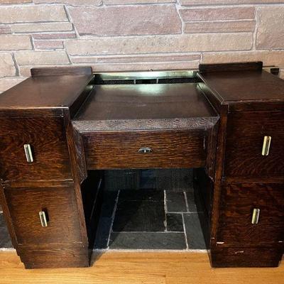Art Deco Wooden Desk – Geometric Carved Drawer & Side Cabinets	