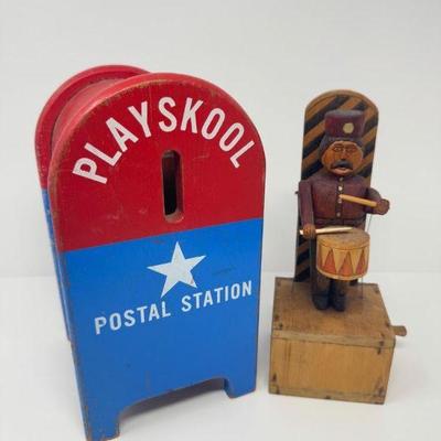 Vintage 1960s Playskool Postal Station & Wooden Drummer Mechanical Toy	