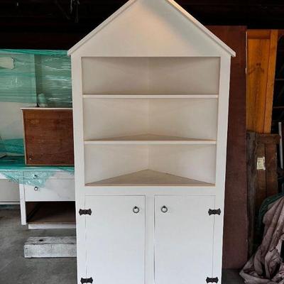 #1 White Wooden Corner Cabinet – House-Shaped Bookshelf w/ Storage	