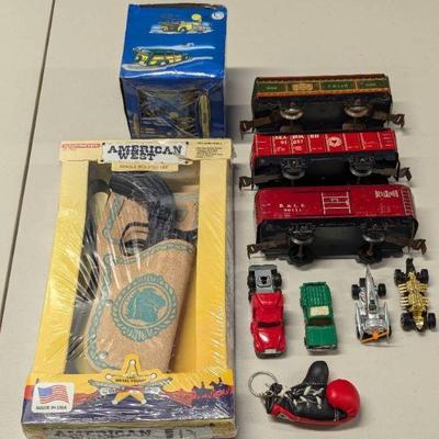 SCH025 - Vintage Toys-Metal Railroad Cars- Cowboy Gun And More
