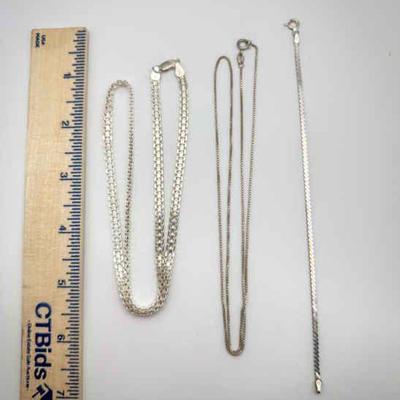 (3) Sterling Silver Necklaces – Box, Snake & Flat Chains
