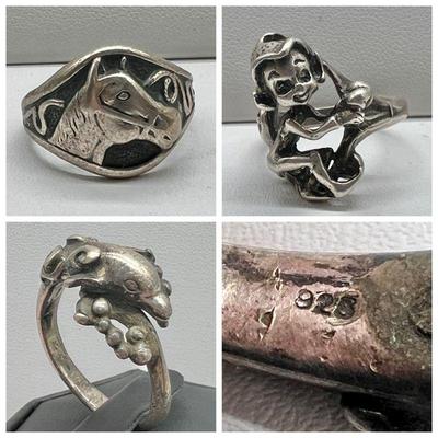 (3) Horse, Dolphin & Elf Rings ft. Sterling Silver

