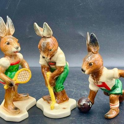 (3) Goebel Rabbit Figurines
Crazing as shown but no cracks or chips. One figurine has some missing paint on ball as shown. 
Hummel Goebel...