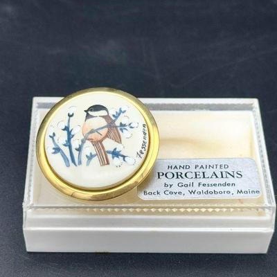 Signed Hand Painted Porcelain Chickadee Brooch By Gail Fessenden
