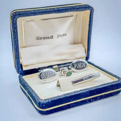 Vintage Monogrammed Cufflink & Tie Clip Set in Case
