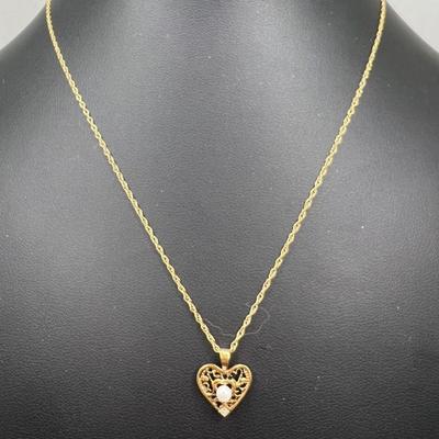 14K Gold Necklace with Pearl & Diamond Heart Pendant
