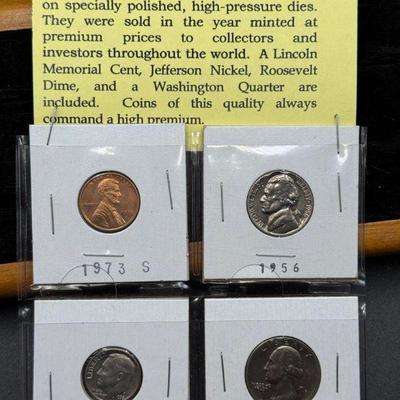 “Proof Set Of Coins”
Includes
1973-S Quarter, Dime & Penny
1956 nickel for some reason

