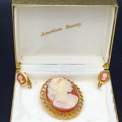 Stunning American Beauty Hand Carved Cameo Brooch & Clip-On Earring Set

