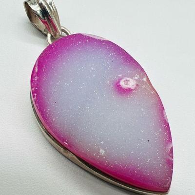 2.25” Sterling Silver Sparkling Pink Druzy Pendant
