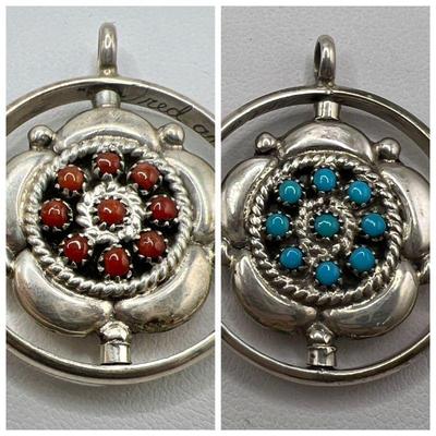 Zuni Sterling Silver Double Sided Spinner Pendant with Turquoise & Coral Stones
