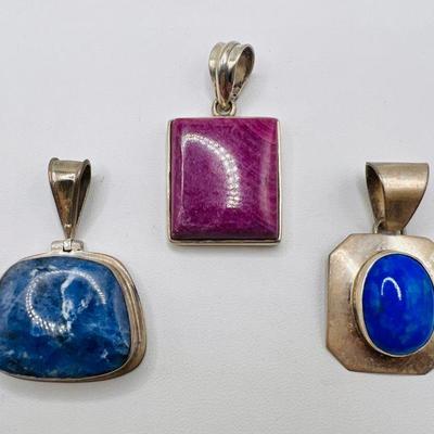 (3) Sterling Silver Blue & Violet Polished Stone Pendants

