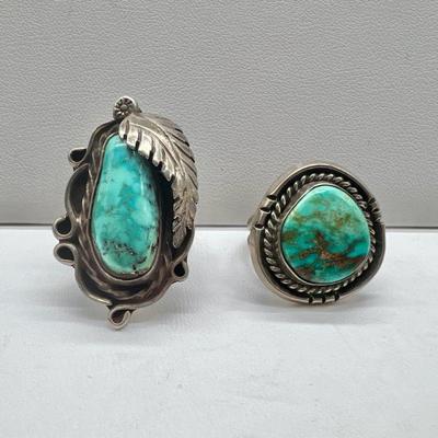 (2) Southwestern Style Silver Turquoise Rings Sizes 5.25-5.5
