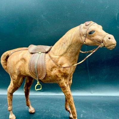 Vintage Paper Mache Leather Wrapped Brown Horse Statue Figure W/ Saddle
