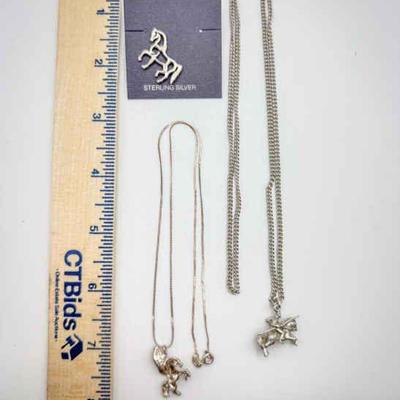 (3) Sterling Silver Horse-Themed Necklaces & Pin
