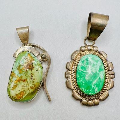 (2) Sterling Silver Green Polished Stone Pendants
