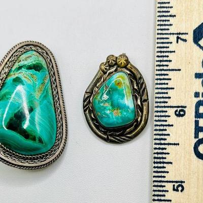 (2) Sterling Silver Green-Blue Polished Stone Jewelry — Brooch & Pendant

