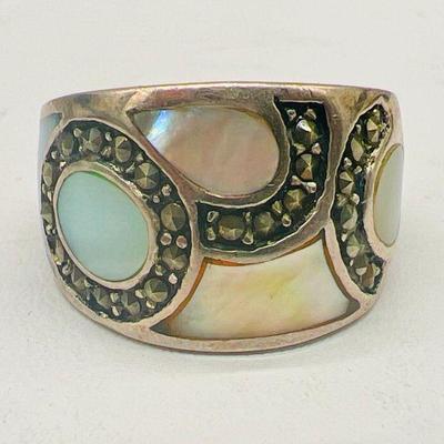 Mother of Pearl & Marcasite Sterling Silver Ring Size 6
