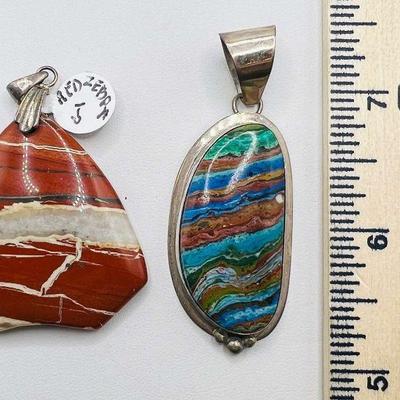 (2) Sterling Silver Pendants in Red Zebra & Rainbow Calsilica
