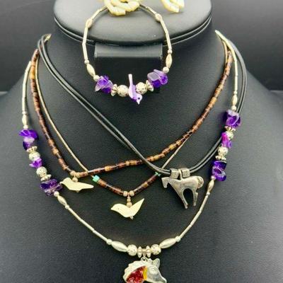 Jewelry Lot Feat Mother Of Pearl Horse Brooch
