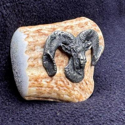 Pewter Ram On Horn Cut Belt Buckle
