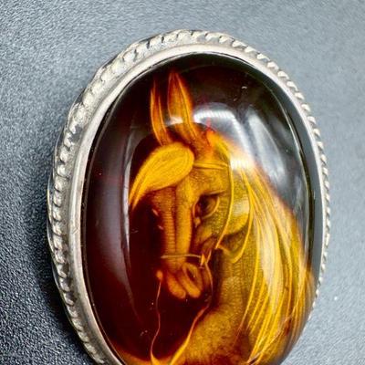 Carved Amber Colored Horse Brooch/Pendant
