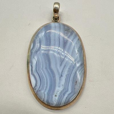 Blue Lace Agate 2.5” Sterling Silver Pendant
