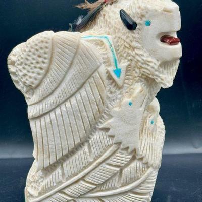 Signed Ben Livingston Carved Stone Sculpture With Inlays
