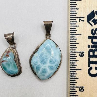 (2) Sterling Silver Baby Blue Polished Stone Pendants

