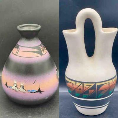 (2) Signed Pieces Of Navajo Pottery Including Wedding Vase
