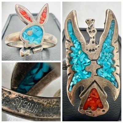 (2) Size 6.75 Sterling Silver Rings with Red & Turquoise Stones
