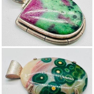 (2) Sterling Silver Polished Pink & Green Stone Pendants
