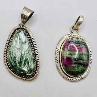 (2) Sterling Silver Green & Purple Polished Stone Pendants
