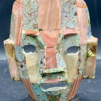 Mayan Aztec Death Mask Mother of Pearl Onyx Abalone Burial Sculpture Folk Ar
