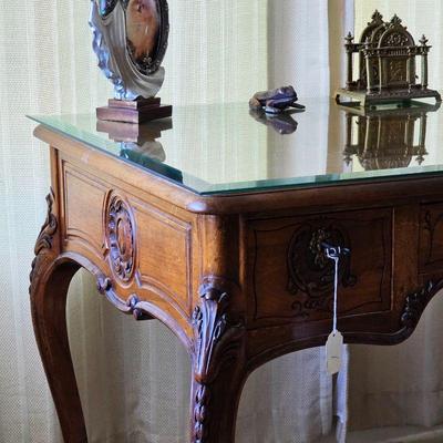 Antique French Provincial leather top writing desk (with keys for every lock)