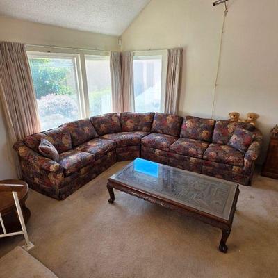 Vintage sectional sofa and Chinese hand carved Huanghuali coffee table