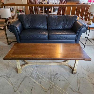 Blue leather sofa and coffee table