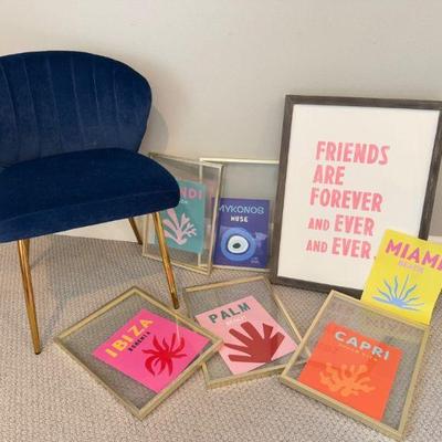 Velvet Tub Chair w/ Tufted Back & Gold-Tone legs + Framed Art & Prints	