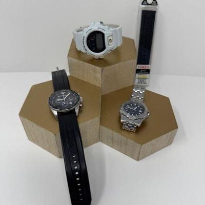 3 Watches + Timex Band – G-Shock, Fossil Steel, Emporio Armani	