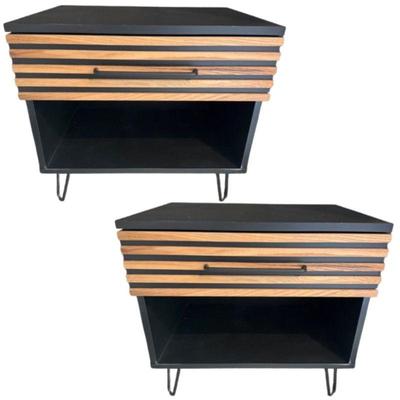 Pair of Bedside Tables in Wood Slat Design & Hairpin Legs	